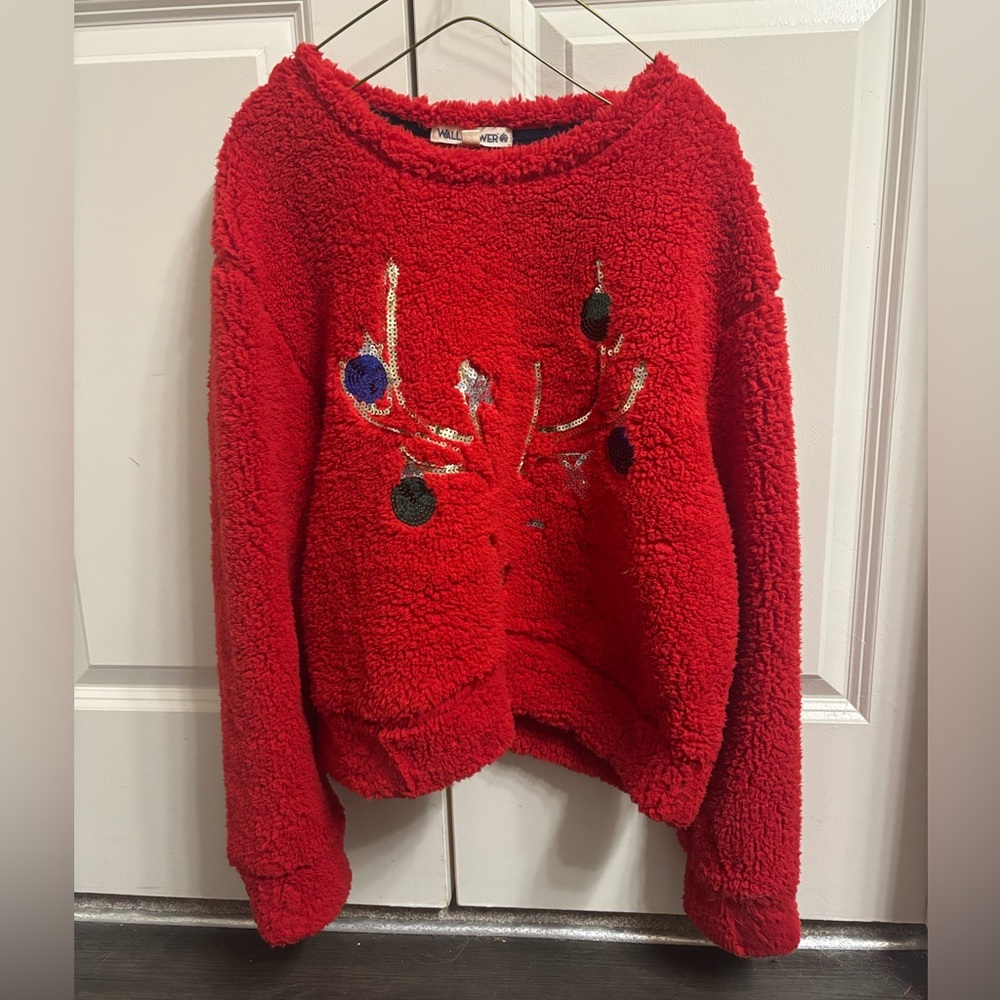 Red Sherpa fleece ugly Christmas reindeer sweater